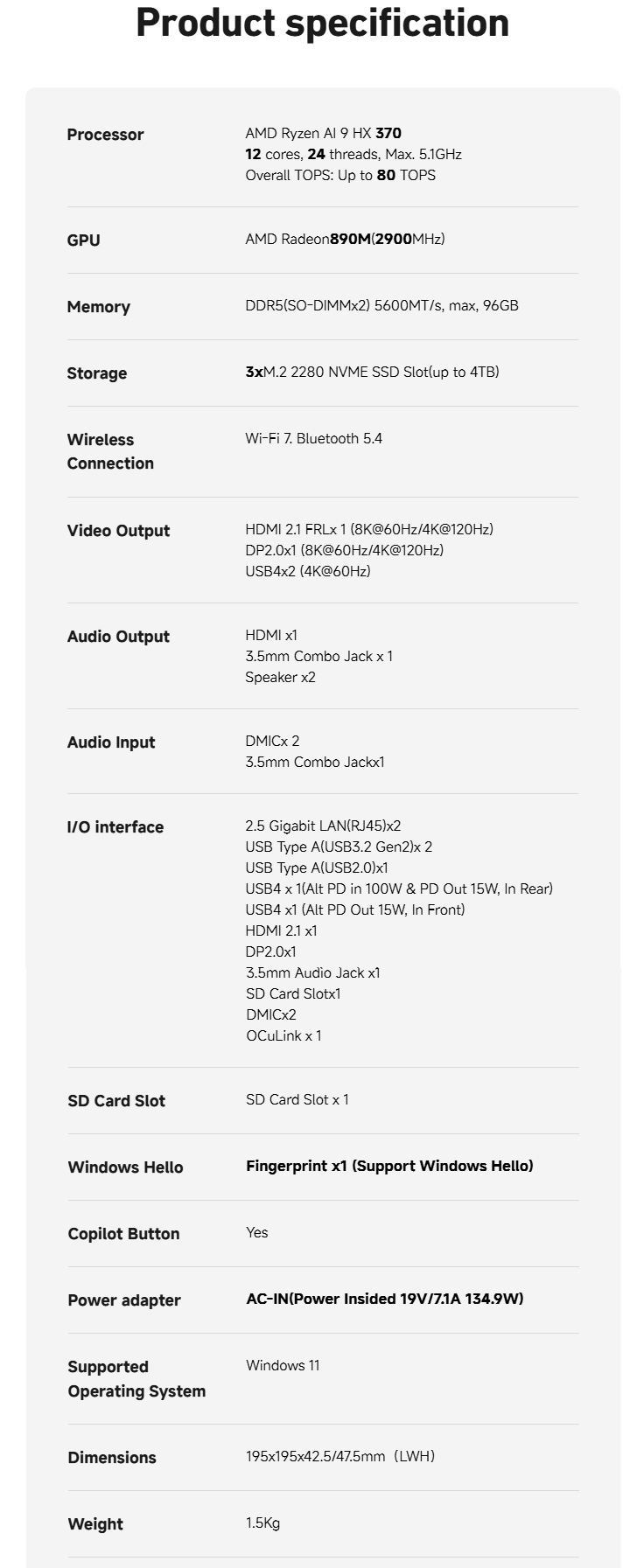 Especificaciones completas del mini PC para juegos (Fuente de la imagen: Minisforum)