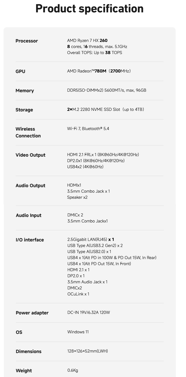 Especificaciones completas del mini PC (Fuente de la imagen: Minisforum)