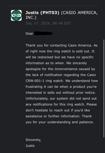 Correspondencia por correo electrónico de Casio America. (Fuente de la imagen: u/Temporary_Airline_58 vía Reddit)