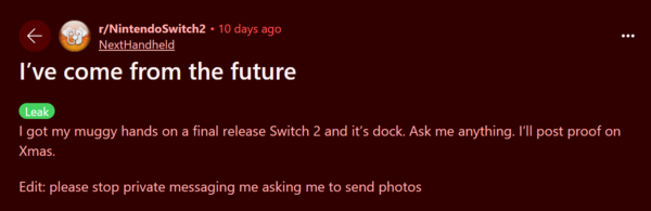 Al menos un usuario anónimo en Reddit afirma tener ya una Switch 2 en sus manos, prometiendo compartir detalles el día de Navidad. (Fuente de la imagen: Reddit)
