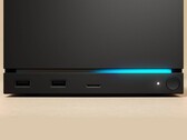 Vista frontal de la Steam Machine de Valve con dos puertos USB, un puerto USB-C, un LED de encendido, un botón de encendido redondo y una tira de LED azul. (Fuente de la imagen: Valve)