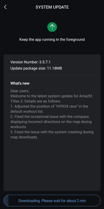 Las notas de la versión 3.5.7.1 del firmware para el reloj inteligente Amazfit T-Rex 3. (Fuente de la imagen: u/Ech0ke vía Reddit)