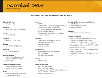 Especificaciones completas de la variante Core Ultra 5 (Fuente de la imagen: Dynabook)