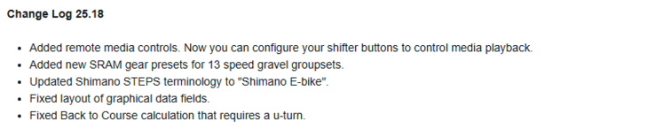 El registro de cambios de la versión 25.18 de la actualización beta para los ciclocomputadores X40 Edge. (Fuente de la imagen: Garmin)