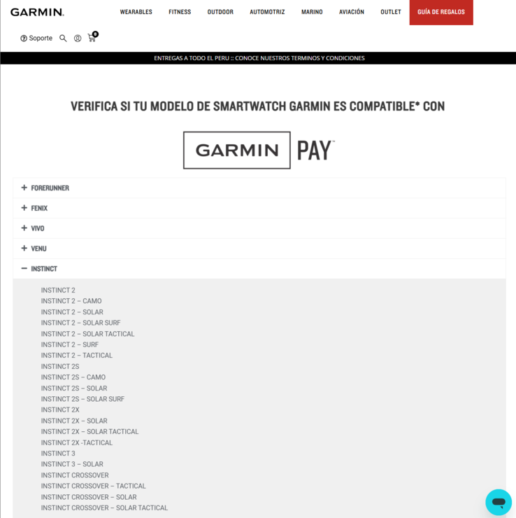 Captura de pantalla de la página web de Garmin Perú en la que se confirman los smartwatches Instinct 3 e Instinct 3 Solar. (Fuente de la imagen: Garmin)