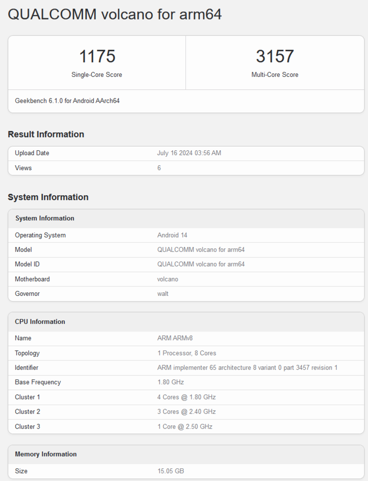 El listado de Geekbench para el Snapdragon 7s Gen 3 también revela las puntuaciones en las pruebas de un solo núcleo y multinúcleo, 1.157 y 3.157 respectivamente. (Fuente: Geekbench)