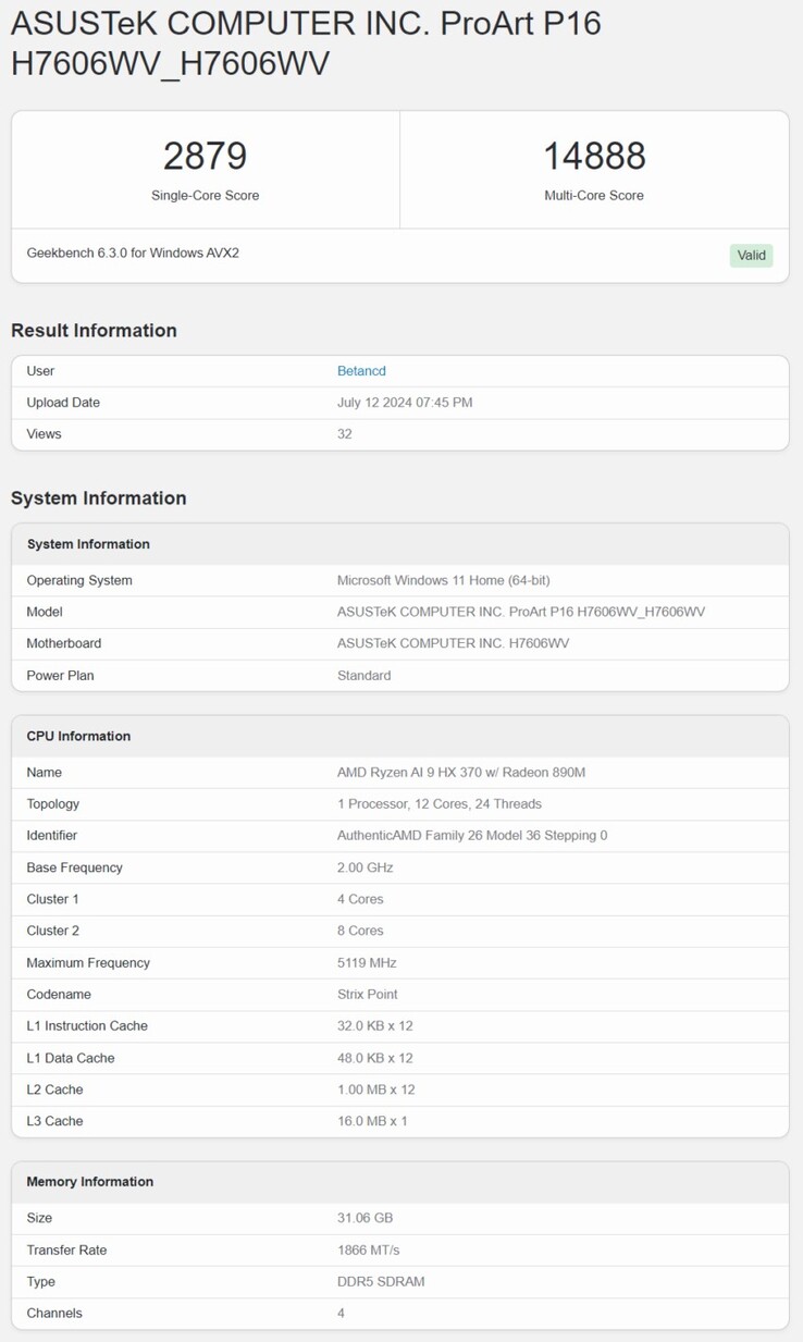 Resultado de Ryzen AI 9 HX 370 en Geekbench 6. (Fuente de la imagen: Geekbench)