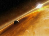 Ilustración de un artista en la que se muestran una estrella y un planeta.