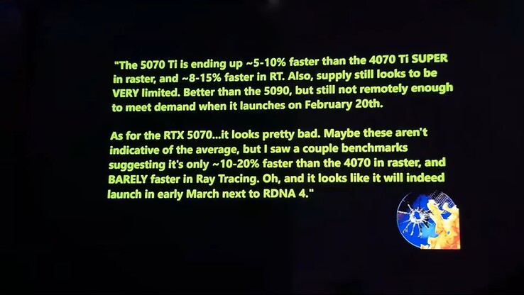 Rendimiento de las RTX 5070 y RTX 5070 y fuga de suministros. (Fuente de la imagen: Moore's Law Is Dead)