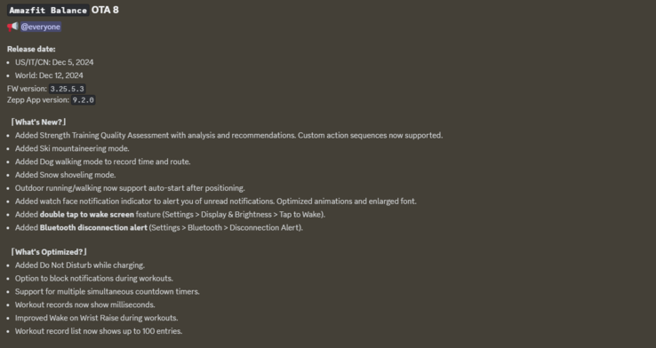 El registro de cambios de la actualización Amazfit Balance OTA 8. (Fuente de la imagen: Zepp Health)