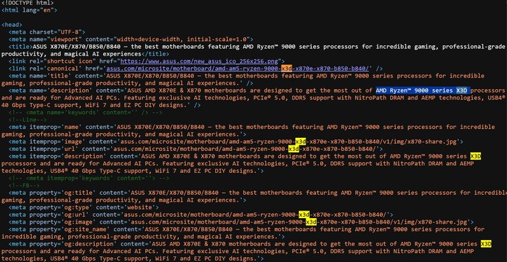 Ryzen 9000X3D mencionado en la fuente del sitio web de Asus (fuente de la imagen: Asus vía VideoCardz)