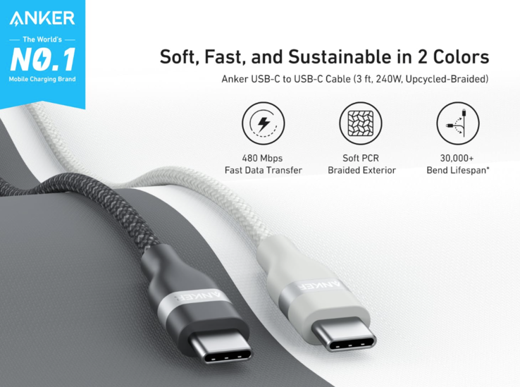El recién lanzado cable USB-C a USB-C de Anker (240W, trenzado upcycled). (Fuente de la imagen: Anker)