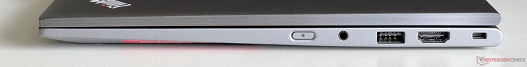 Derecha: botón de encendido, audio de 3,5 mm, USB 3.2 Gen 1 (5 Gbit/s), HDMI 2.1, ranura de seguridad Kensington Nano
