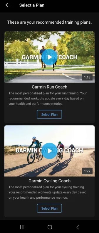 Captura de pantalla de las nuevas herramientas Garmin Coach en la aplicación Garmin Connect. (Fuente de la imagen: Garmin)