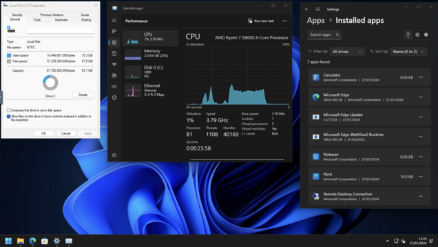 15 GB de almacenamiento, 2 GB de RAM utilizados, 80 procesos y sólo 7 aplicaciones. La forma en que Windows 11 debe ser entregado fuera de la caja. (Fuente de la imagen: Propio)