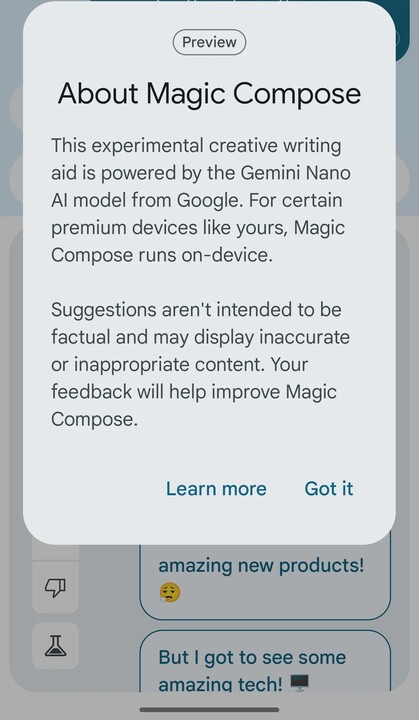 La función Magic Compose de la aplicación Mensajes de Google funcionando en el modelo Gemini Nano. (Fuente de la imagen: Android Authority)