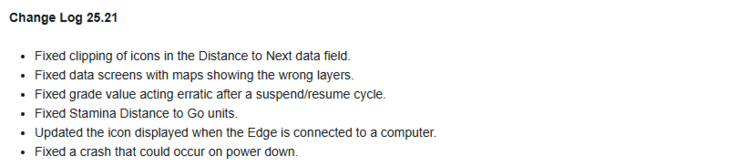 El registro de cambios de la versión beta 25.21 para los ciclocomputadores X40 Edge de Garmin. (Fuente de la imagen: Garmin)