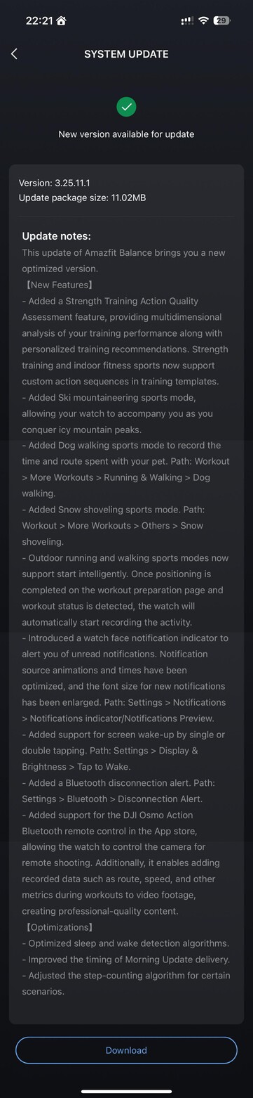 Las notas de la versión completa de la actualización Amazfit Balance versión 3.25.11.1. (Fuente de la imagen: u/Nurkamol vía Reddit)