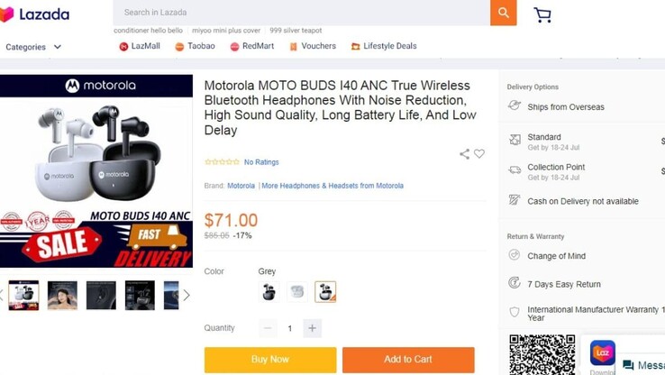 La lista de Moto Buds I40 en el sitio web de Singapur, Lazada (Fuente: Lazada)