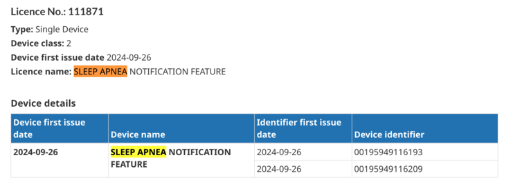 El listado de licencias activas de la integración de la función de apnea del sueño en la página web de Health Canada. (Fuente de la imagen: Health Canada)