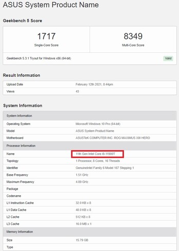 i9-11900T. (Fuente de la imagen: Geekbench)