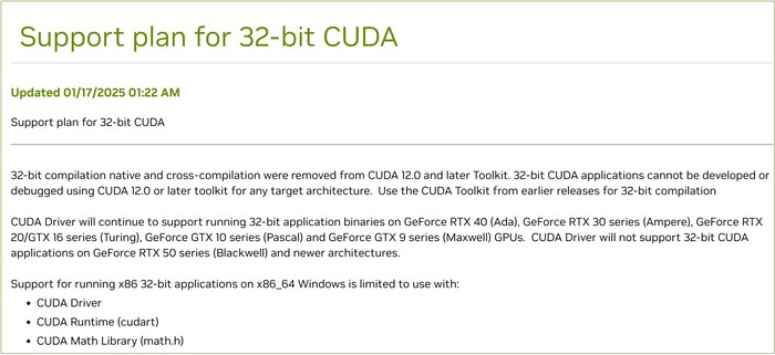 Aviso de Nvidia sobre el futuro del soporte CUDA de 32 bits. (Fuente de la imagen: Nvidia)