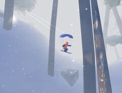 En la imagen: Personaje del jugador haciendo parapente en un denso bosque durante una ventisca. (Fuente: Captura de pantalla dentro de Sno: Ultimate Freeriding de Studio Gauntlet)