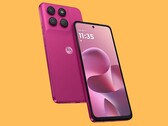 Motorola moto g37 en rojo fucsia Pantone con cámaras traseras y pantalla frontal visibles.