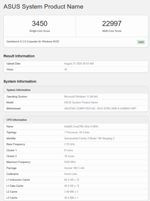 Puntuación de Intel Core Ultra 9 285K en Geekbench (fuente de la imagen: Geekbench)