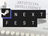 En la imagen, el logotipo de Steam Next Fest sobre una imagen con un mecanógrafo y el texto "Inteligencia Artificial" en el papel.
