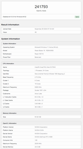 Listado de Geekbench del Razer Blade 18 (fuente de la imagen: Geekbench)