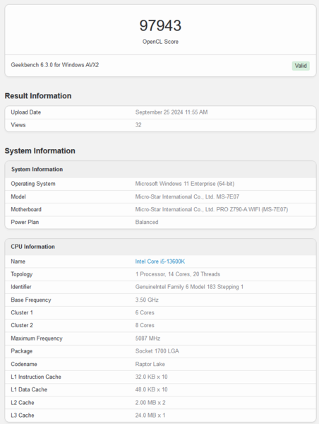 Rendimiento de la GPU Intel Battlemage en Geekbench (fuente de la imagen: Geekbench)