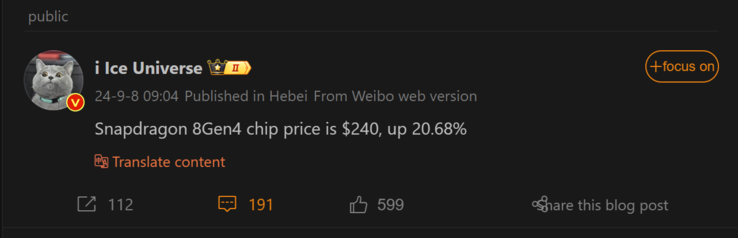 El último informe de Ice Universe sobre el Snapdragon 8 Gen 4 (Fuente de la imagen: Weibo - traducción automática)