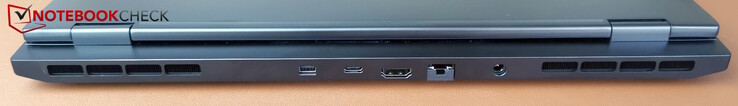 Trasera: MiniDP 1.4 (compatible con G-Sync), USB-C 3.2 Gen2 (10 Gb/s, DP 1.4a, Power Delivery), HDMI 2.1 (compatible con G-Sync), LAN, alimentación