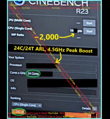 Arrow Lake Single-Core Cinebench R23. (Fuente de la imagen: Moore's Law Is Dead en YouTube)