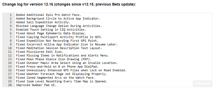 El registro de cambios de la versión beta 12.16 para los modelos Garmin Fenix 8, Fenix E y Enduro 3. (Fuente de la imagen: Garmin)