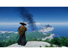 Una toma del paisaje de Ghost of Tsushima que muestra a Jin de pie en una montaña con vistas a la isla. (Fuente de la imagen: Steam)