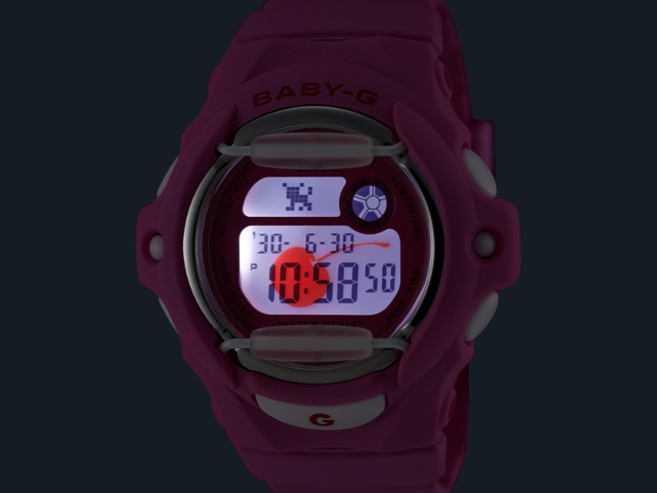 Se muestra una cereza cuando el usuario activa la retroiluminación LED en los relojes BG-169CH. (Fuente de la imagen: Casio)