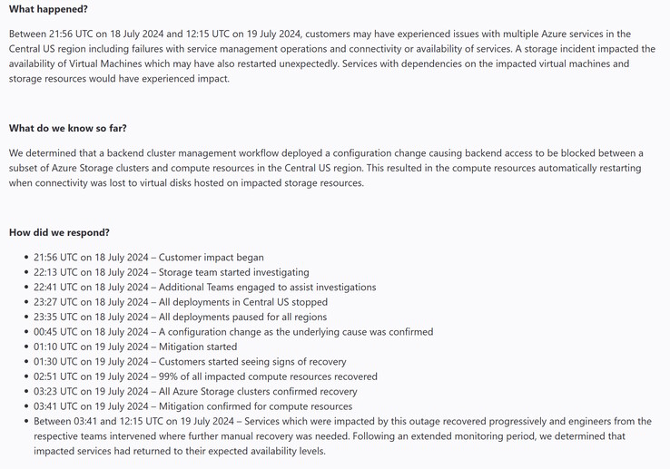 Cronología de la interrupción de MS Central US Azure causada por un mal cambio de configuración. (Fuente de la imagen: Microsoft)