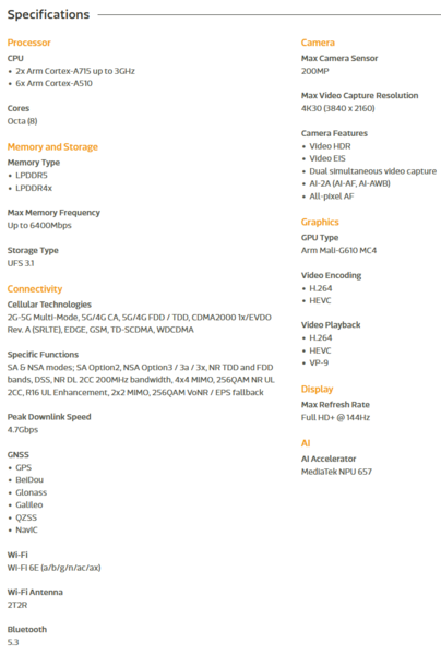 Especificaciones de MediaTek Dimensityu 7350 (fuente de la imagen: MediaTek)