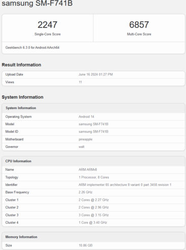 Samsung Galaxy Z Flip6 listado en Geekbench con 12 GB de RAM (imagen vía Geekbench)