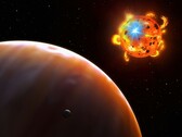 Una ilustración que muestra una estrella, un exoplaneta y un satélite natural.