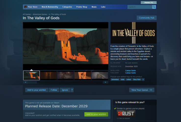 in the Valley of Gods" tiene una fecha de lanzamiento provisional de diciembre de 2029 en Steam. (Fuente de la imagen: Steam)