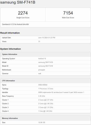 Samsung Galaxy Z Flip6 listado en Geekbench con 12 GB de RAM (imagen vía Geekbench)