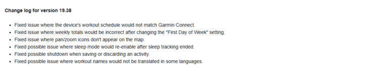 El registro de cambios de la versión beta 19.38 para el Garmin Fenix 7 y los smartwatches relacionados. (Fuente de la imagen: Garmin)