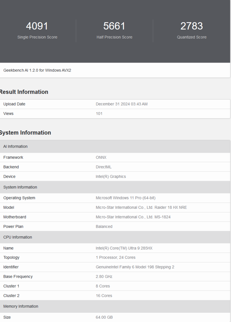 Listado de MSI Raider 18 HX en Geekbench AI (fuente de la imagen: Geekbench)