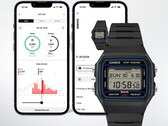 Reloj digital Casio F-B100W mostrado delante de dos pantallas de smartphone en las que se muestra su aplicación Life Log conectada, con datos de seguimiento de pasos y actividad.