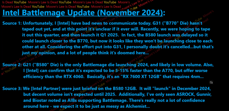 Intel podría no lanzar una tarjeta gráfica Arc Battlemage de gama alta esta generación (fuente de la imagen: Moore's Law is Dead en YouTube)