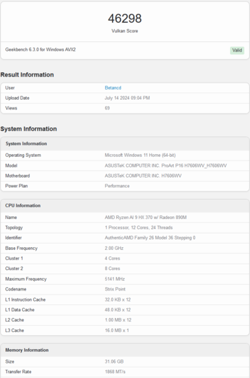 Puntuación de AMD Radeon 890M en Geekbench Vulkan (imagen vía Geekbench)