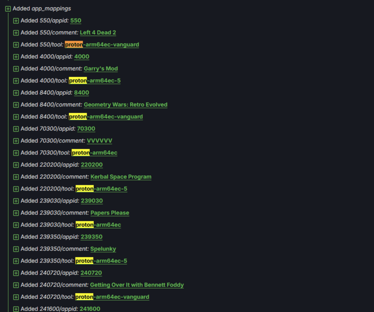 El registro de cambios enumera una variedad de juegos, junto con menciones a la arquitectura ARM64. (Fuente de la imagen: SteamDB)